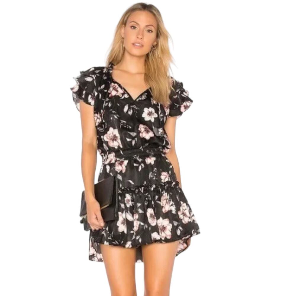 Misa Cecil Ruffle Flutter Sleeve Smocked Tiered Floral Dress Black Rose Small